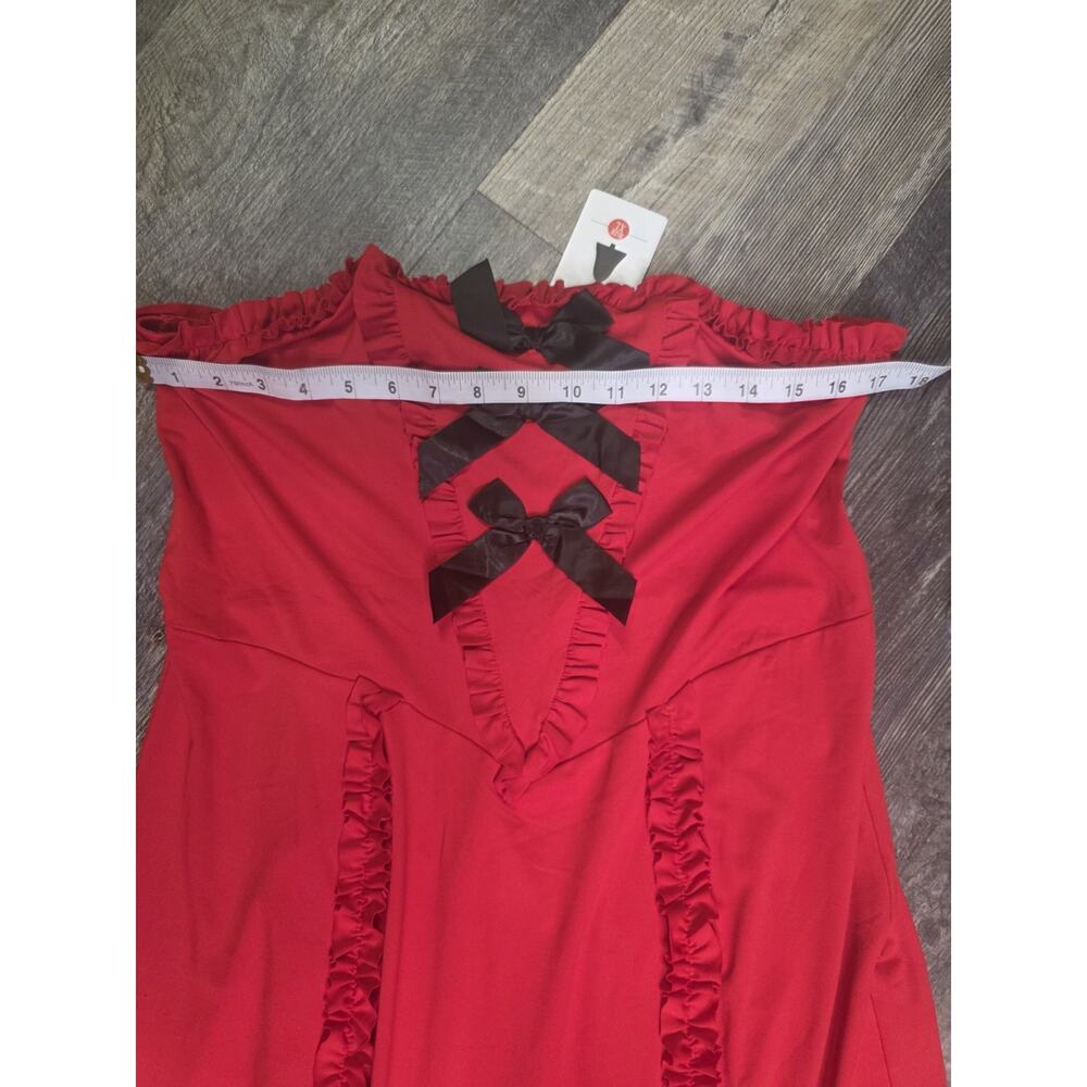 ZESICA NWT Womens XL Red Strapless Maxi Dress Ruffle V-Front Black Bows - Picture 2 of 9